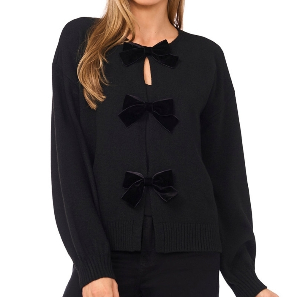 CeCe Bow Closure Cardigan Sweater Womens Black Long Sleeve Knit Size S